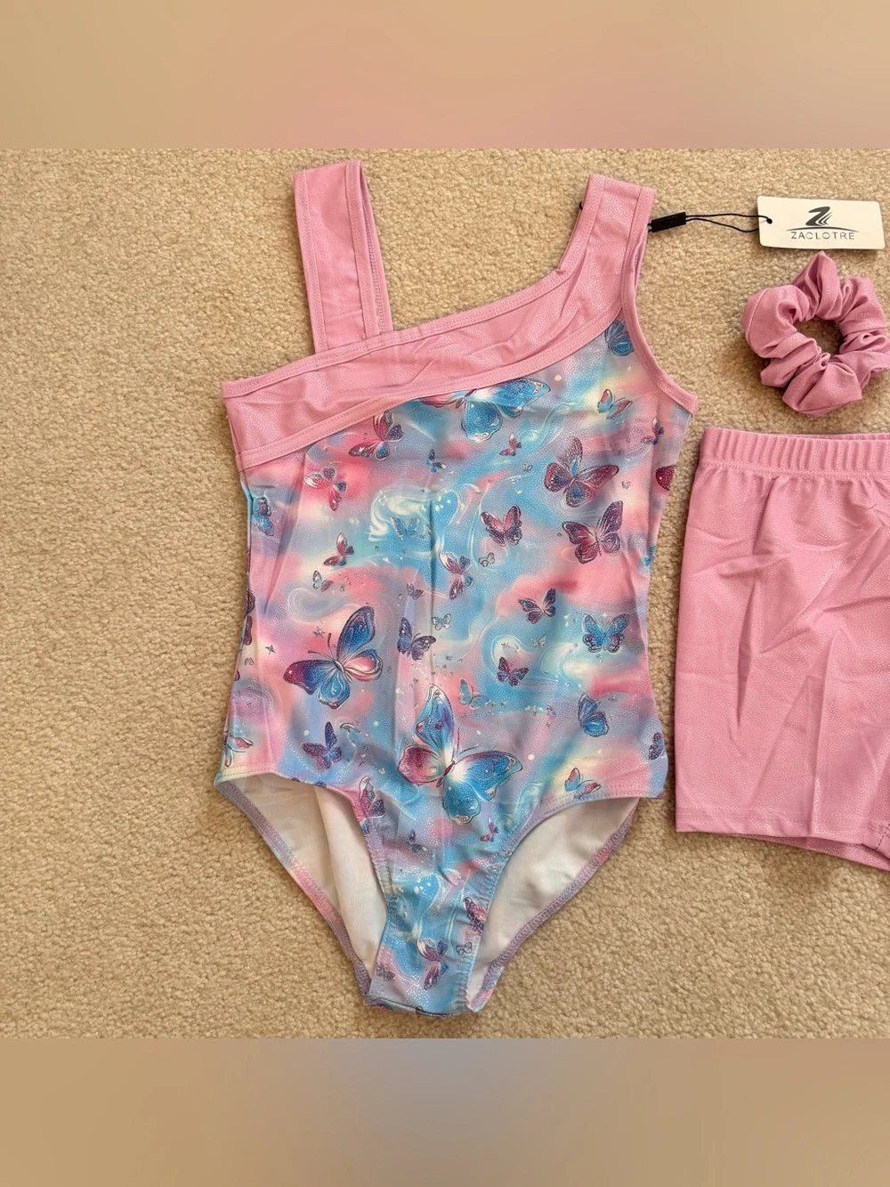 Girls' NEW Pink Butterfly Leotard / Unitard Set w Shorts & Scrunchie NWT age 6-7